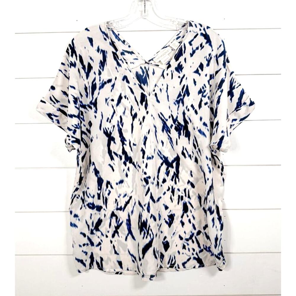 Cynthia Rowley Abstract 100% Silk Print V-Neck Blue White Blouse Medium